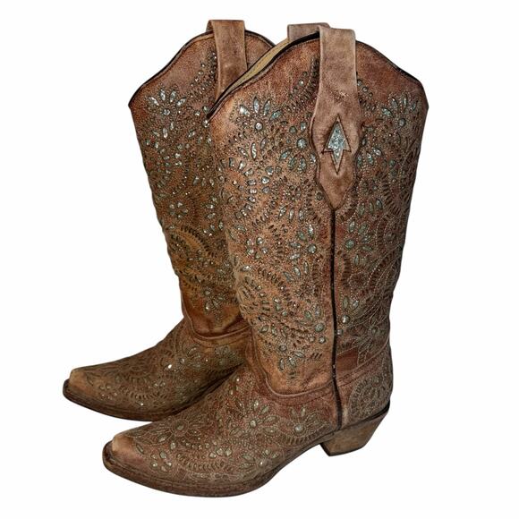 Corral Brown Leather Turquoise Glitter Inlay & Stitching Boots Snip Toe A3352 7M - Picture 1 of 16